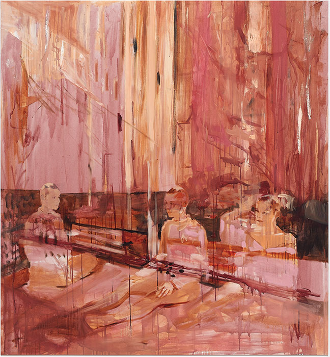 Reddish figures sitting on the floor